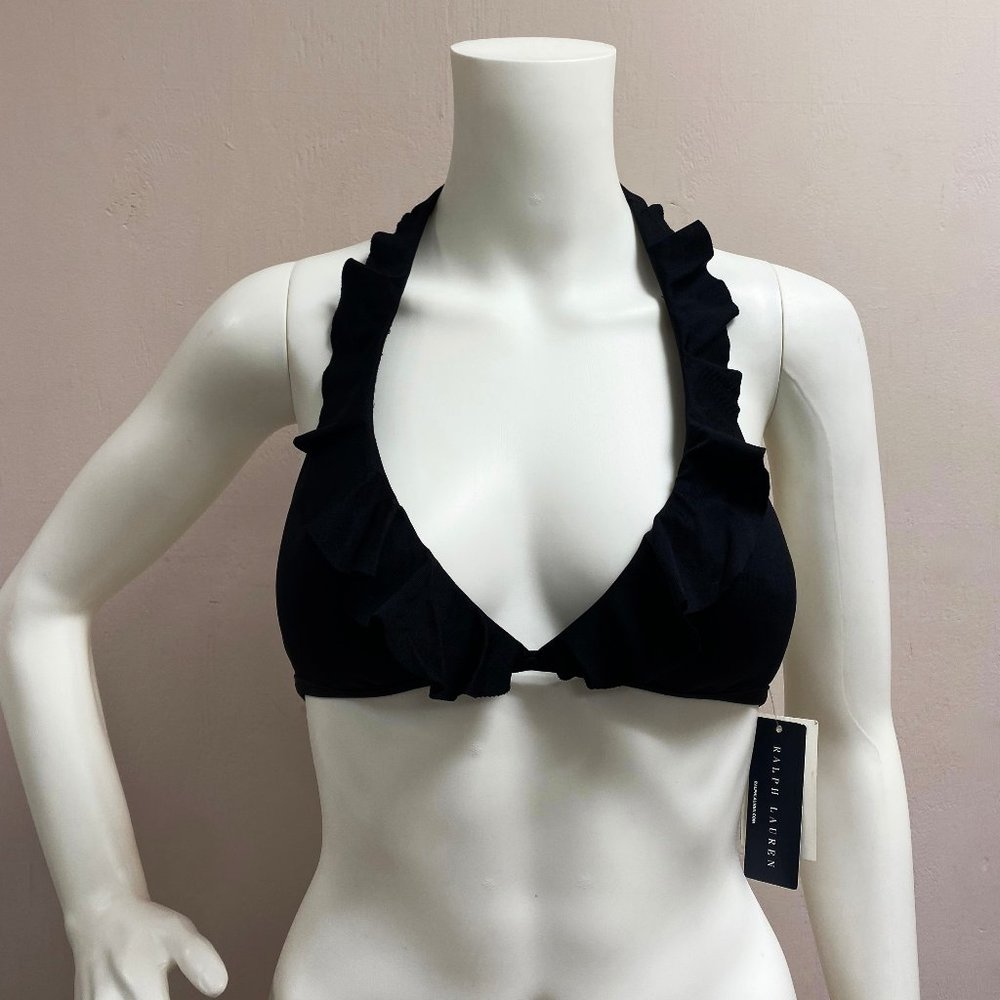 Ralph Lauren Black Ruffled Bikini Swim Top